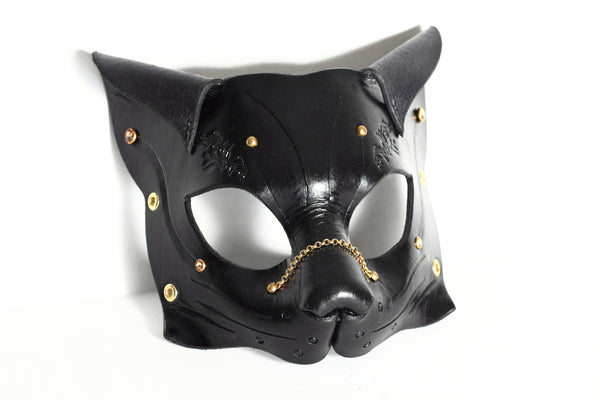 "Deep Abyss" Starr Kitty Cat Leather Mask with Gold/Brass Accents
