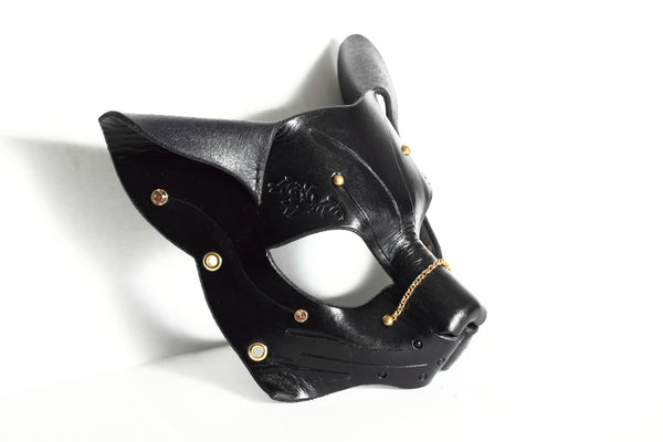 "Deep Abyss" Starr Kitty Cat Leather Mask with Gold/Brass Accents