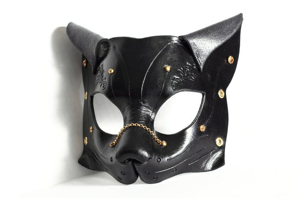 "Deep Abyss" Starr Kitty Cat Leather Mask with Gold/Brass Accents