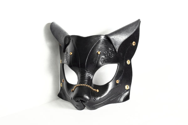 "Deep Abyss" Starr Kitty Cat Leather Mask with Gold/Brass Accents