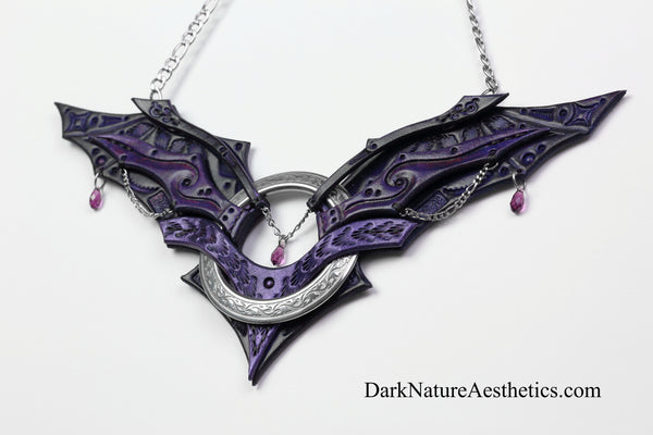 Purple "Chiroptera" Bat Wing Ring Leather Necklace
