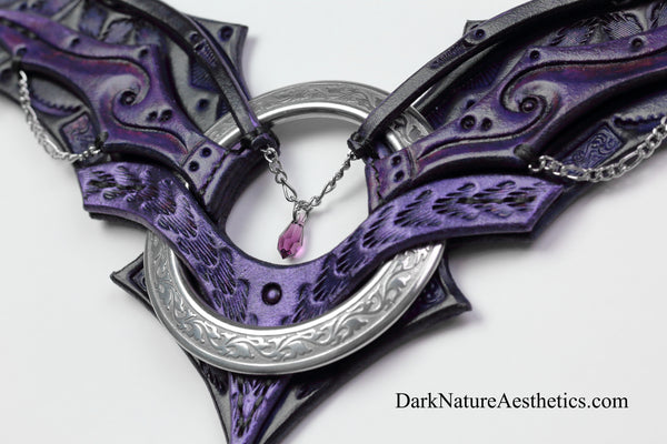 Purple "Chiroptera" Bat Wing Ring Leather Necklace
