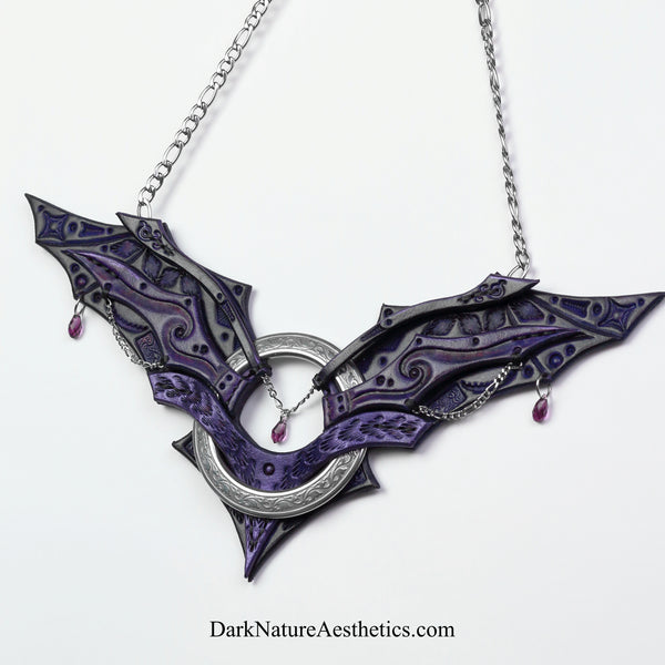 Purple "Chiroptera" Bat Wing Ring Leather Necklace