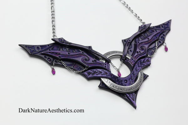 Purple "Chiroptera" Bat Wing Ring Leather Necklace