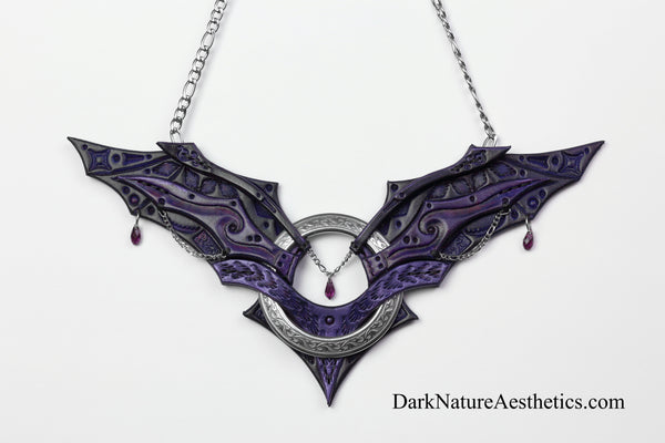 Purple "Chiroptera" Bat Wing Ring Leather Necklace