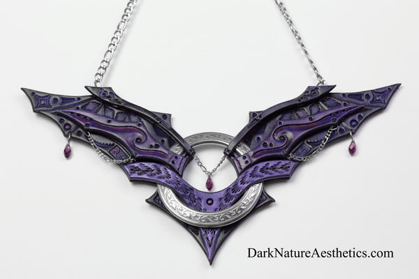 Purple "Chiroptera" Bat Wing Ring Leather Necklace