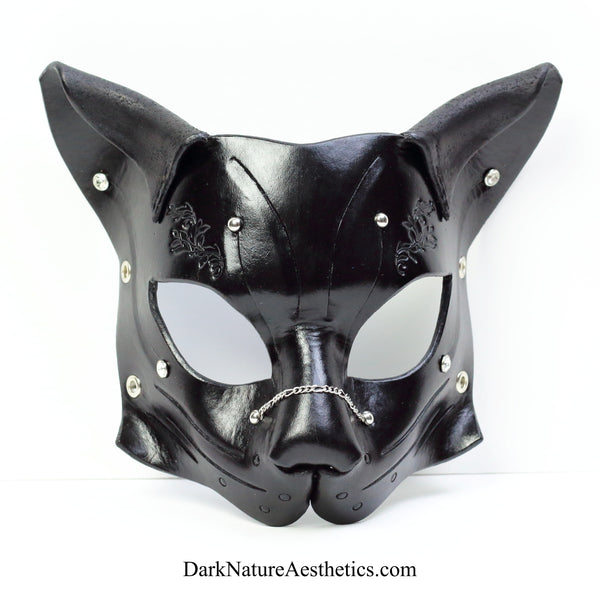 "Deep Abyss" Starr Kitty Cat Leather Mask with Silver Accents