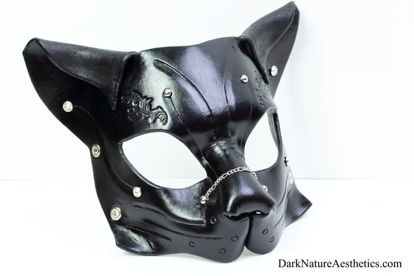 "Deep Abyss" Starr Kitty Cat Leather Mask with Silver Accents