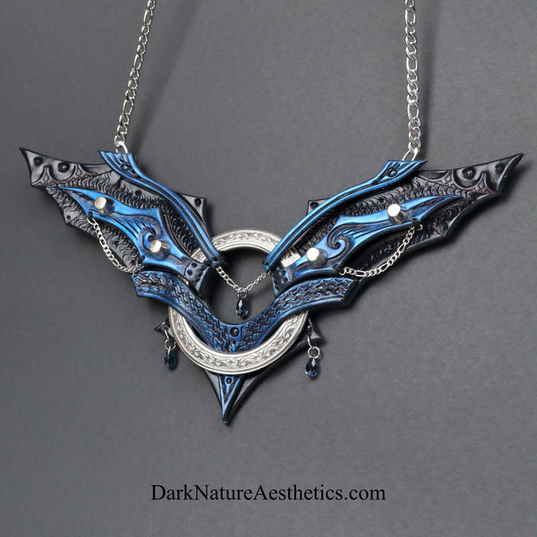 Blue "Chiroptera" Bat Wing Ring Leather Necklace