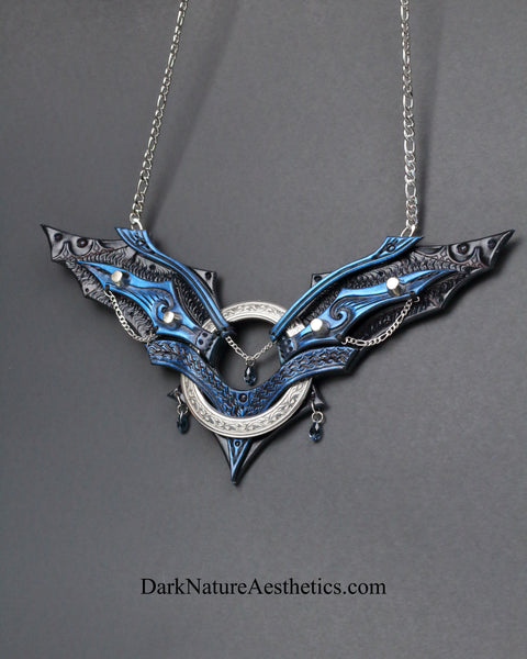 Blue "Chiroptera" Bat Wing Ring Leather Necklace