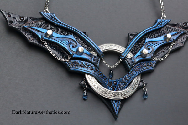 Blue "Chiroptera" Bat Wing Ring Leather Necklace