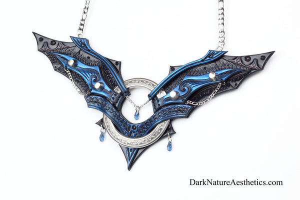 Blue "Chiroptera" Bat Wing Ring Leather Necklace