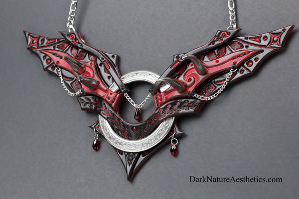 Red "Chiroptera" Bat Wing Ring Leather Necklace