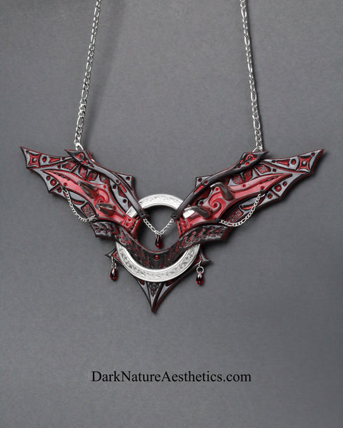 Red "Chiroptera" Bat Wing Ring Leather Necklace