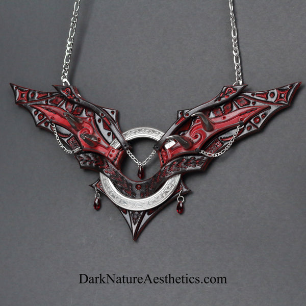 Red "Chiroptera" Bat Wing Ring Leather Necklace