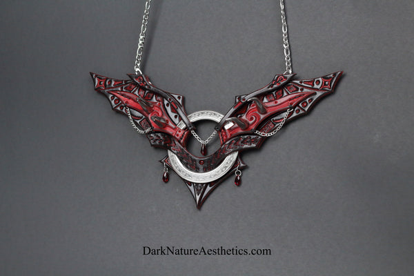 Red "Chiroptera" Bat Wing Ring Leather Necklace