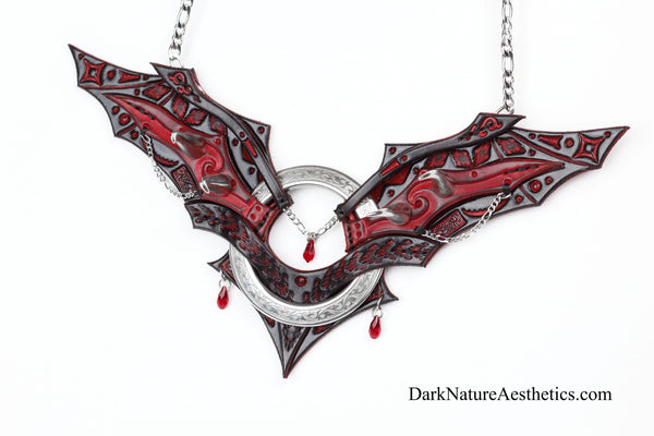Red "Chiroptera" Bat Wing Ring Leather Necklace
