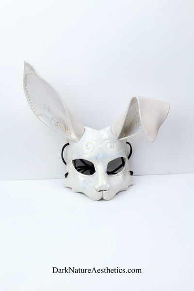 "Dahlia" White/Gold Shimmer Bunny Rabbit Leather Mask
