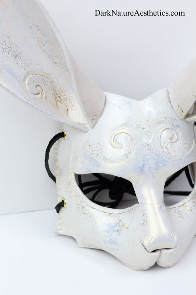 "Dahlia" White/Gold Shimmer Bunny Rabbit Leather Mask