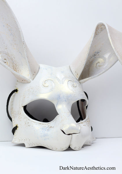 "Dahlia" White/Gold Shimmer Bunny Rabbit Leather Mask