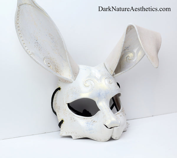 "Dahlia" White/Gold Shimmer Bunny Rabbit Leather Mask