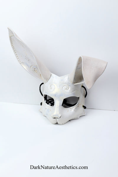 "Dahlia" White/Gold Shimmer Bunny Rabbit Leather Mask