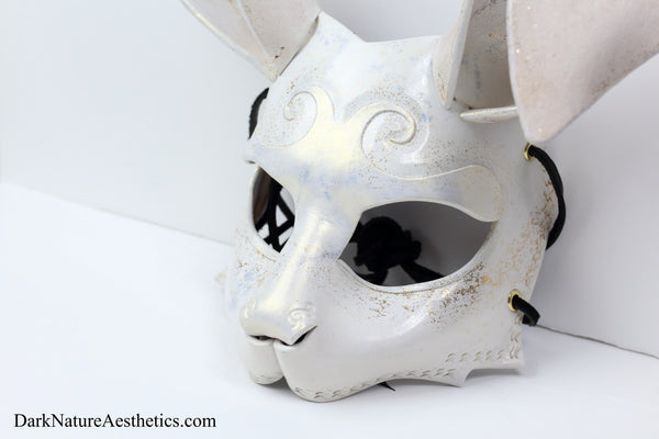 "Dahlia" White/Gold Shimmer Bunny Rabbit Leather Mask