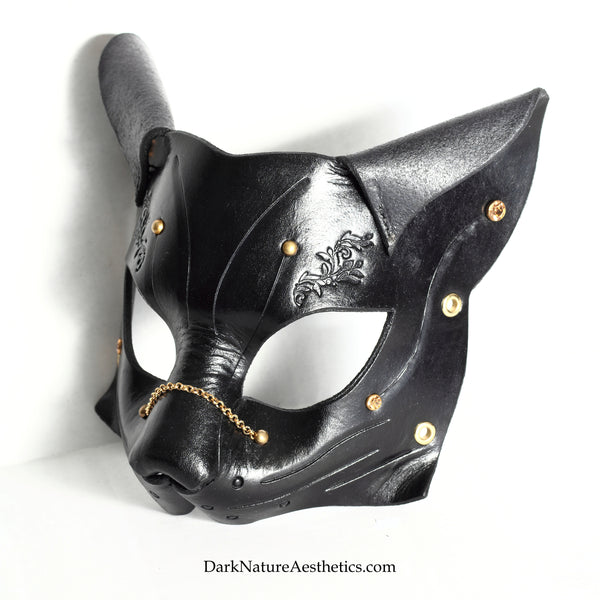 "Deep Abyss" Starr Kitty Cat Leather Mask with Gold/Brass Accents