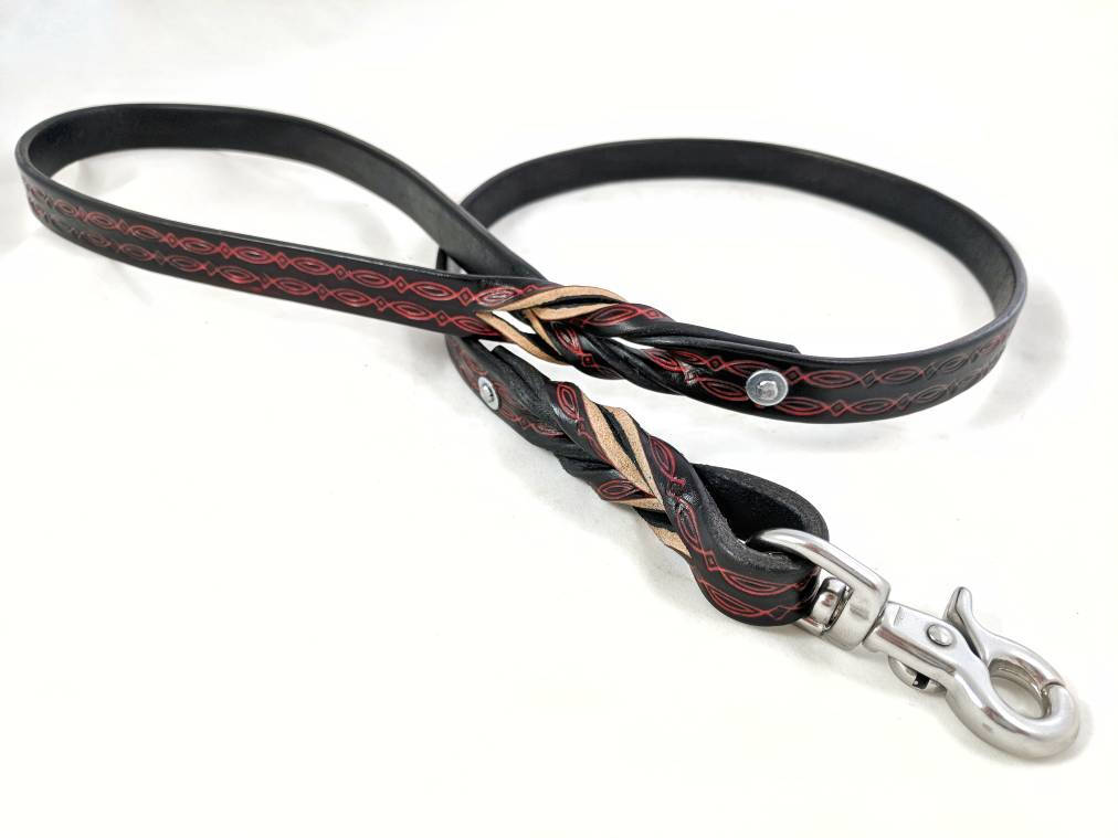 Red/Black BDSM Tooled Leather Bondage Leash Ready-to-Ship