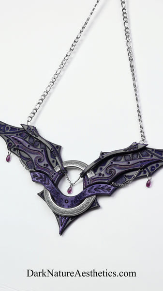 Purple "Chiroptera" Bat Wing Ring Leather Necklace