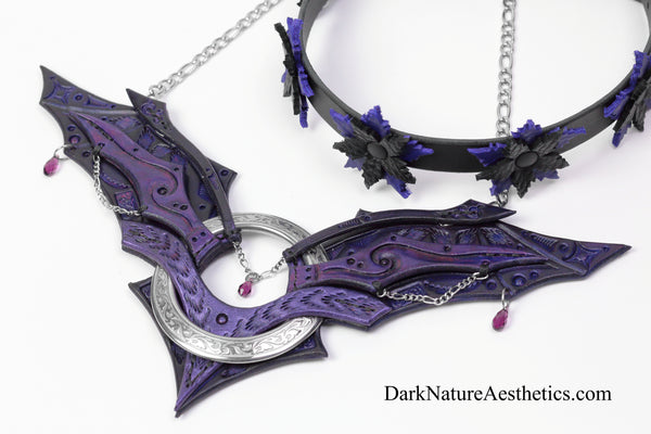 Purple "Chiroptera" Bat Wing Ring Leather Necklace