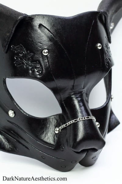 "Deep Abyss" Starr Kitty Cat Leather Mask with Silver Accents