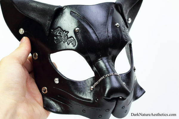 "Deep Abyss" Starr Kitty Cat Leather Mask with Silver Accents