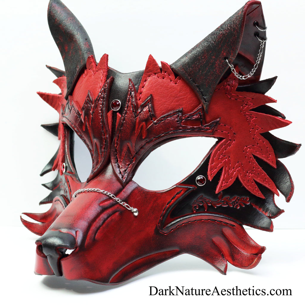 Red "Helldog" Leather Mask/Hood Dark Nature Aesthetics