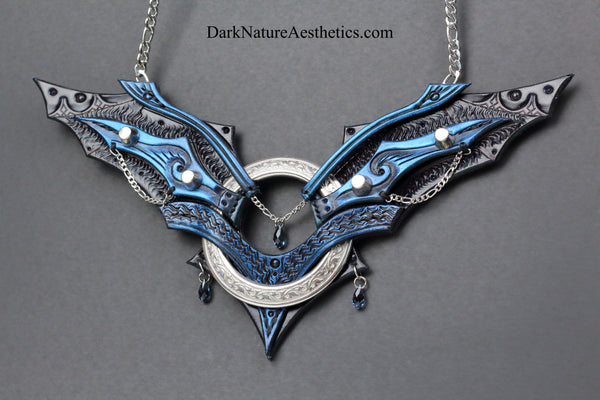 Blue "Chiroptera" Bat Wing Ring Leather Necklace
