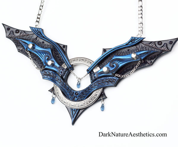 Blue "Chiroptera" Bat Wing Ring Leather Necklace