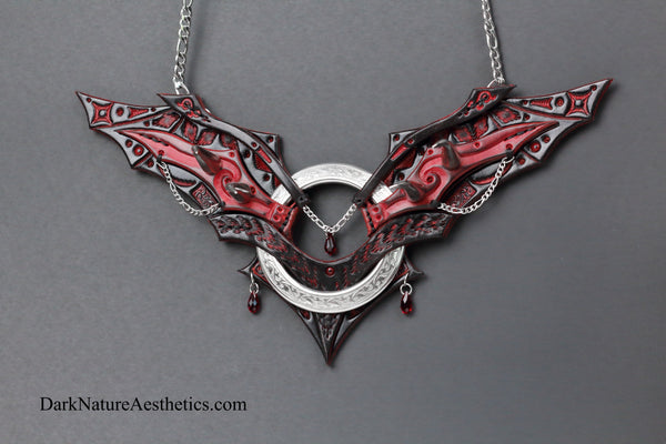 Red "Chiroptera" Bat Wing Ring Leather Necklace