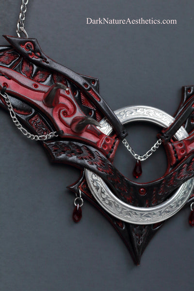 Red "Chiroptera" Bat Wing Ring Leather Necklace
