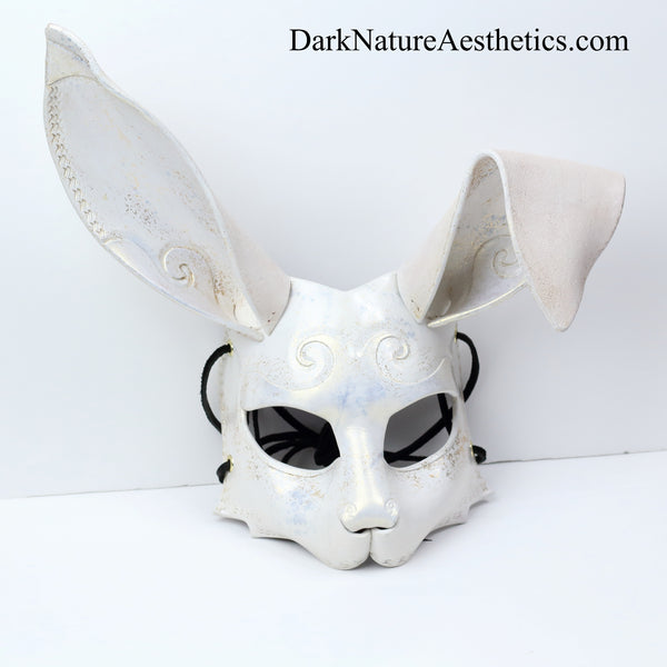 "Dahlia" White/Gold Shimmer Bunny Rabbit Leather Mask